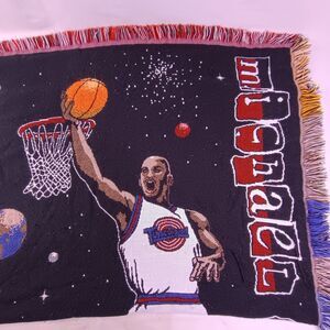 Vintage Space Jam Throw 1996 Blanket Trim Tapestry Fringe Movie Michael Jordan
